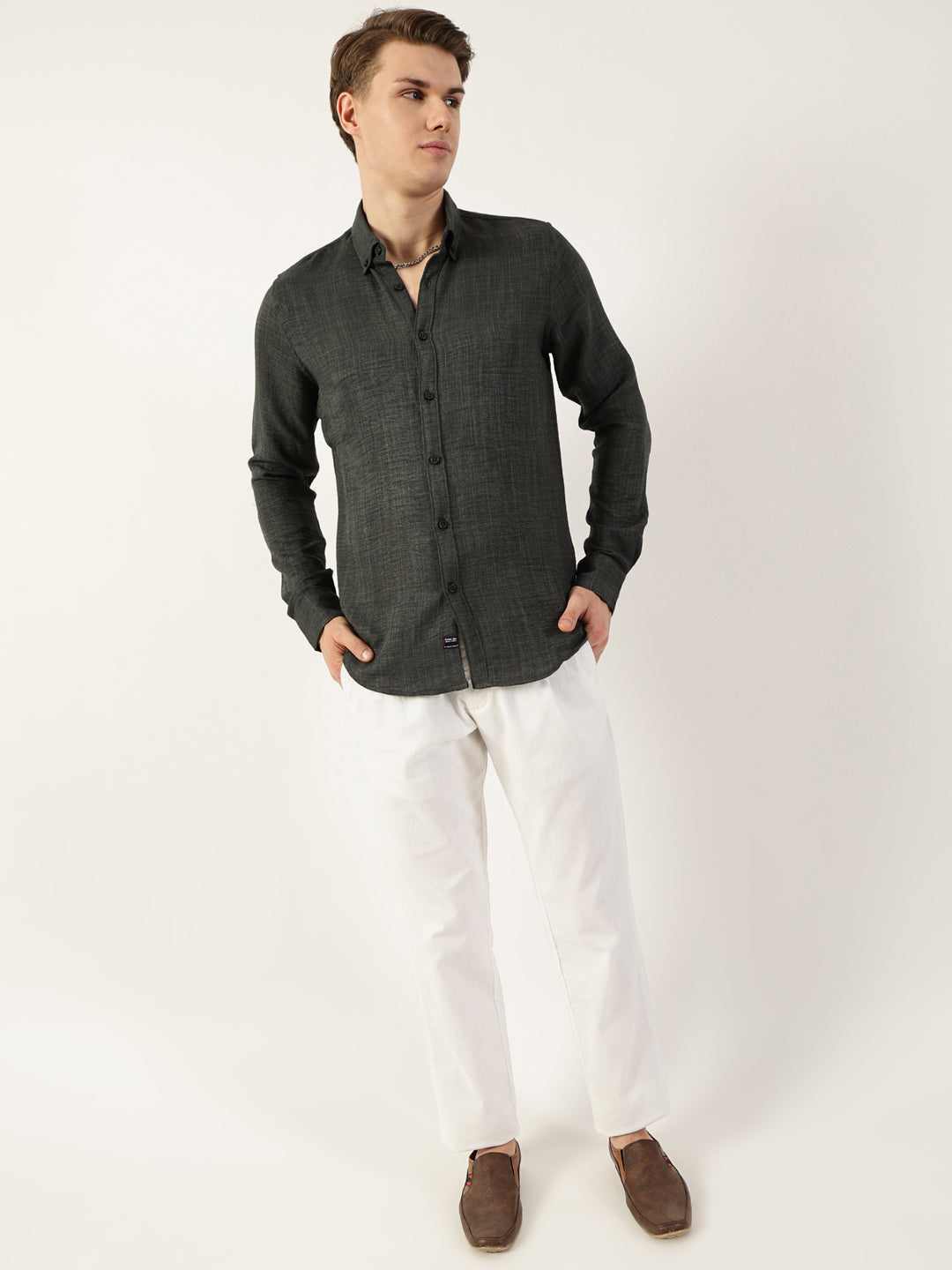 Thomas Scott Men Olive Classic Button-Down Collar Solid Slim Fit Casual Shirt