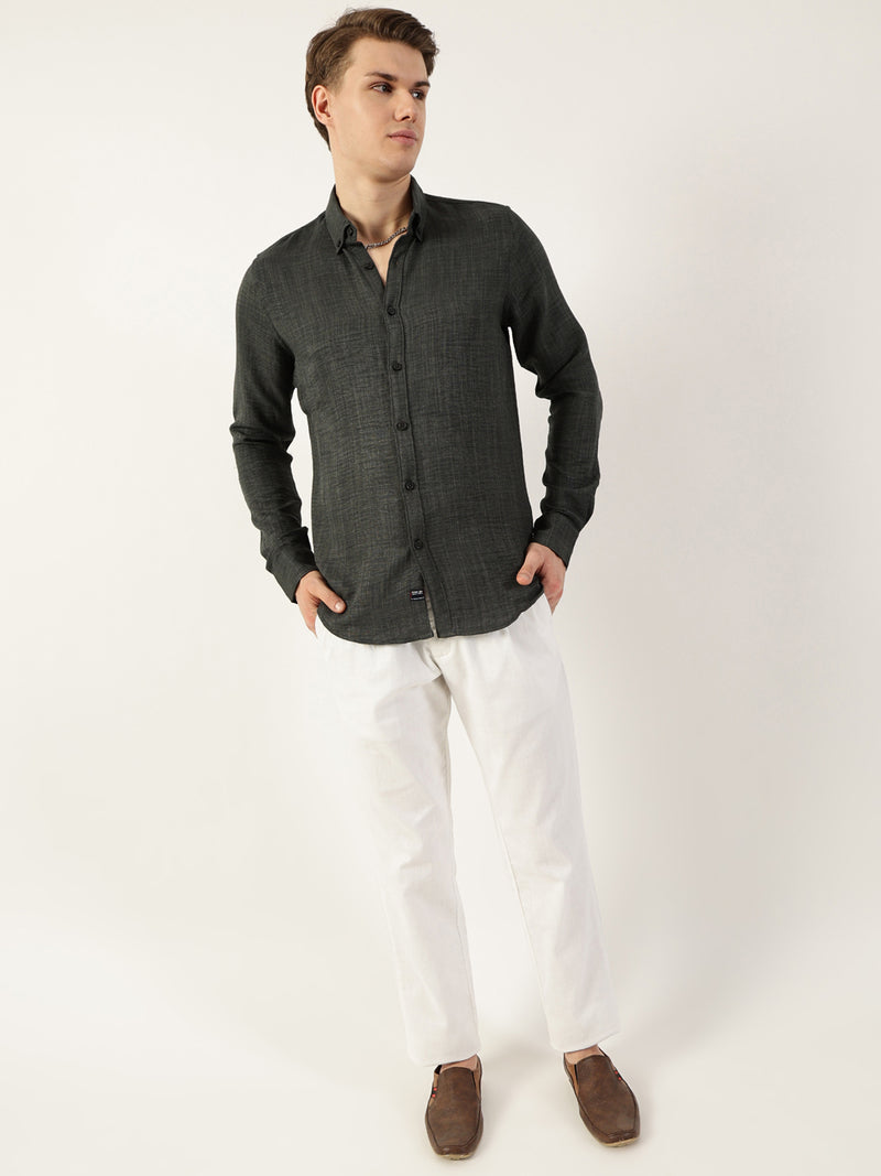 Thomas Scott Men Olive Classic Button-Down Collar Solid Slim Fit Casual Shirt