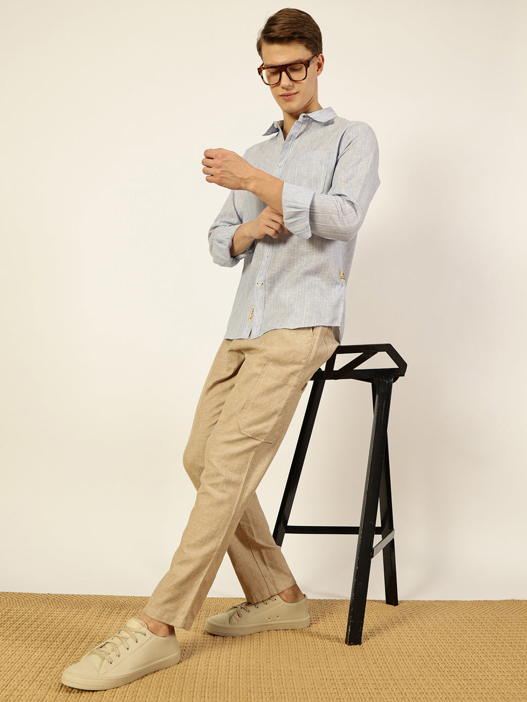 Thomas Scott Men Sky Blue Premium Striped Linen Slim Fit Casual Shirt