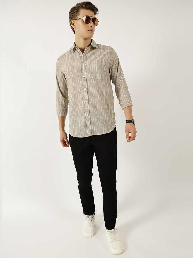 Thomas Scott Men Khaki Classic Slim Fit Opaque Striped Casual Shirt