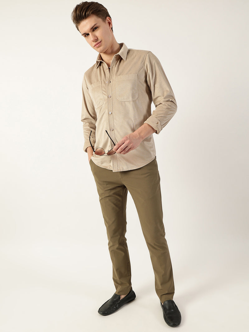 Thomas Scott Men Beige Classic Spread Collar Textured Solid Slim Fit Casual Shirt