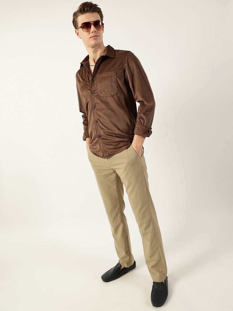 Thomas Scott Men Brown Classic Spread Collar Textured Solid Slim Fit Casual Shirt