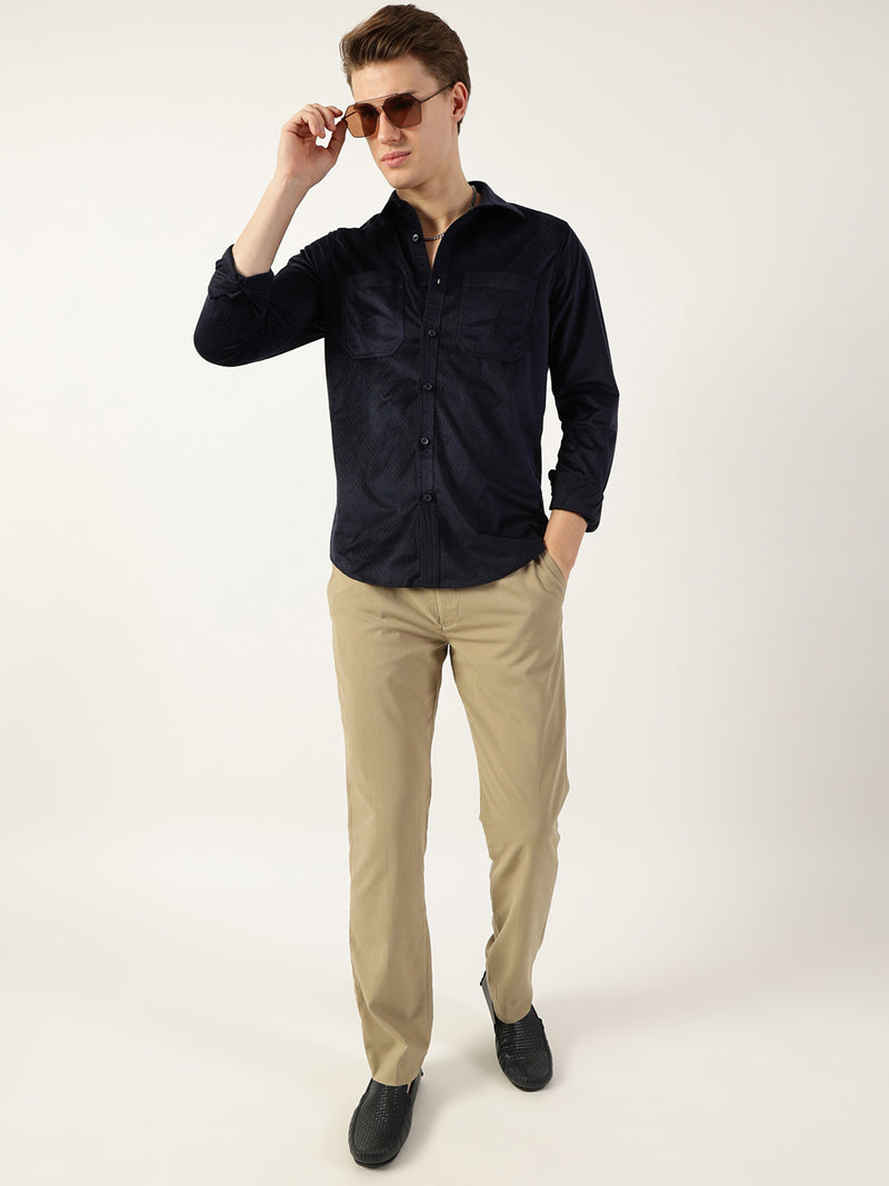 Thomas Scott Men Navy Classic Spread Collar Textured Slim Fit Casual Shirt
