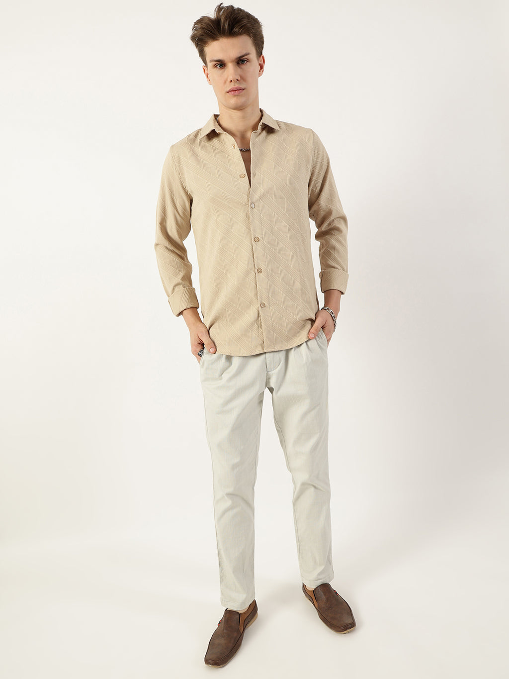 Thomas Scott Men Beige Premium Spread Collar Textured Solid Slim Fit Casual Shirt