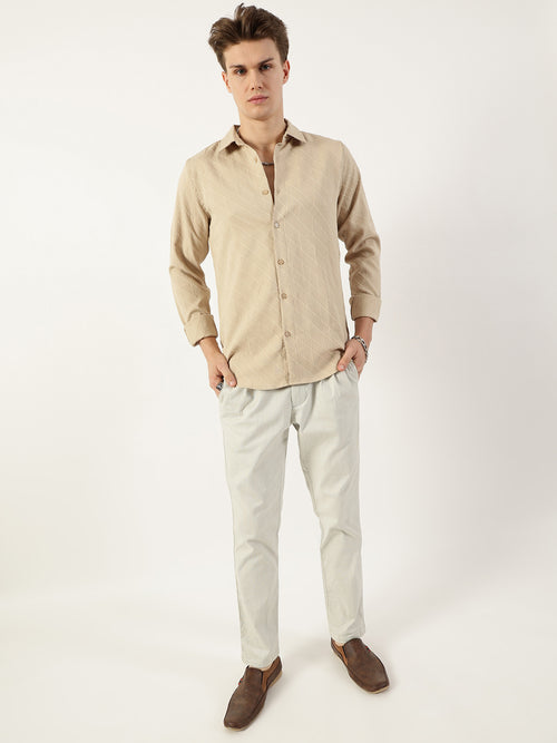 Thomas Scott Men Beige Premium Spread Collar Textured Solid Slim Fit Casual Shirt