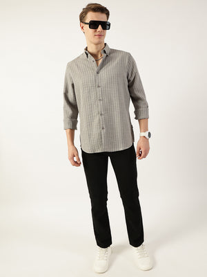 Thomas Scott Men Grey Premium Spread Collar Vertical Striped Slim Fit Casual Shirt