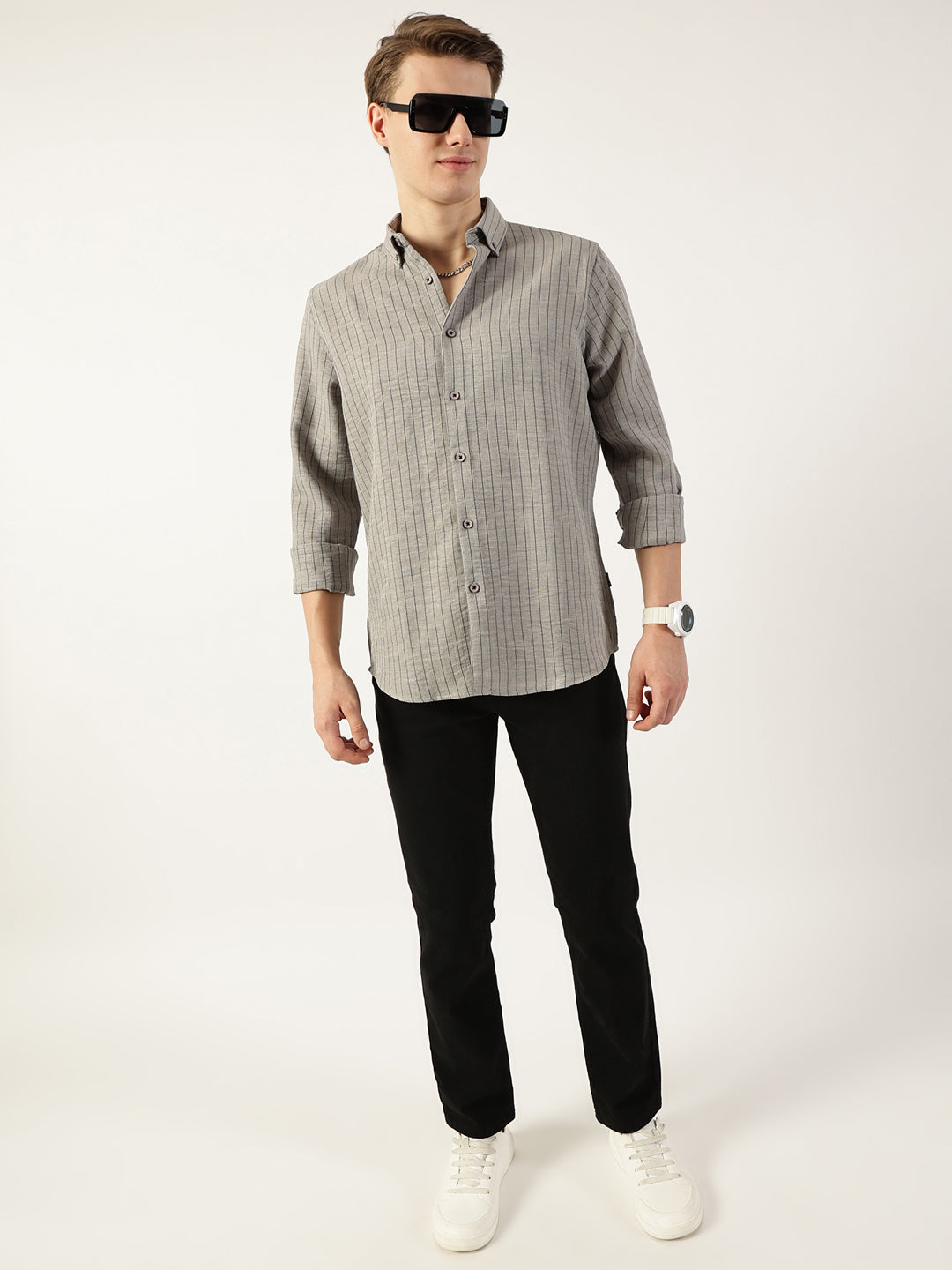 Thomas Scott Men Grey Premium Spread Collar Vertical Striped Slim Fit Casual Shirt