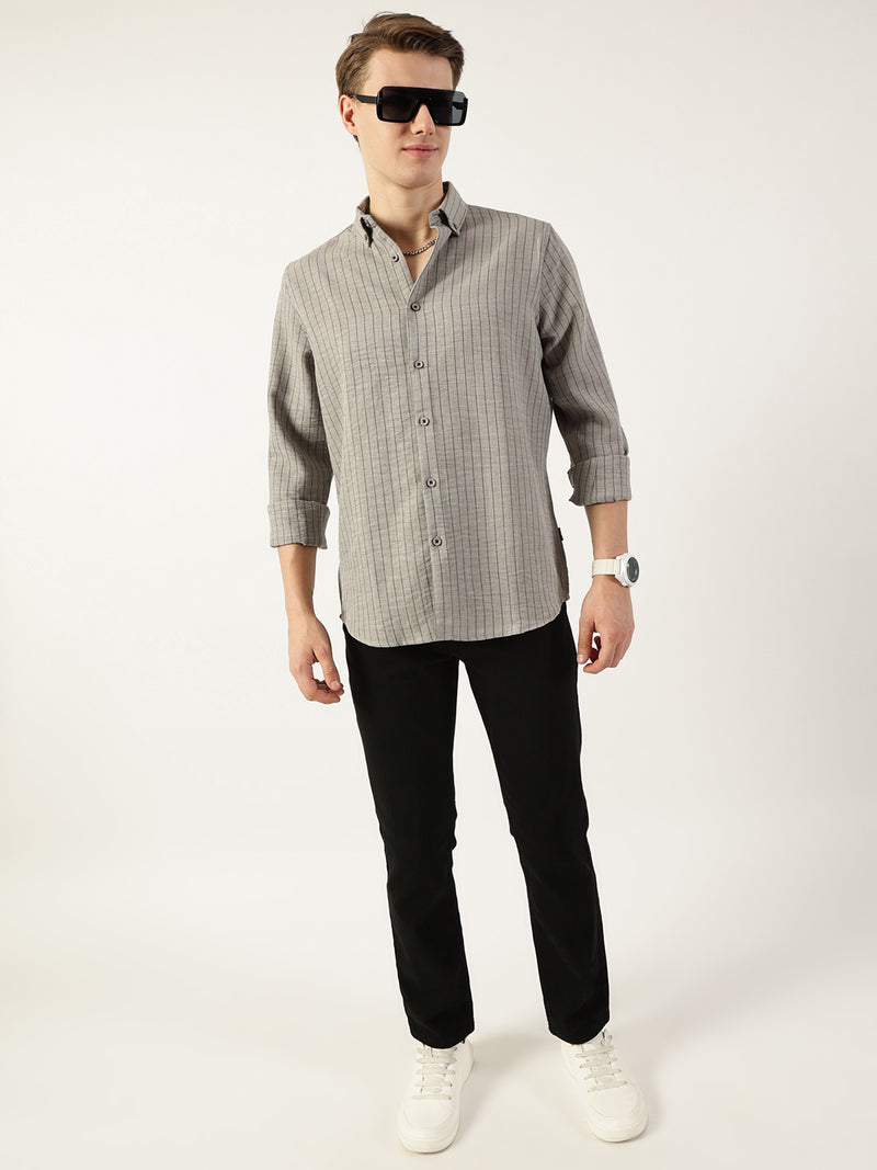 Thomas Scott Men Grey Premium Spread Collar Vertical Striped Slim Fit Casual Shirt