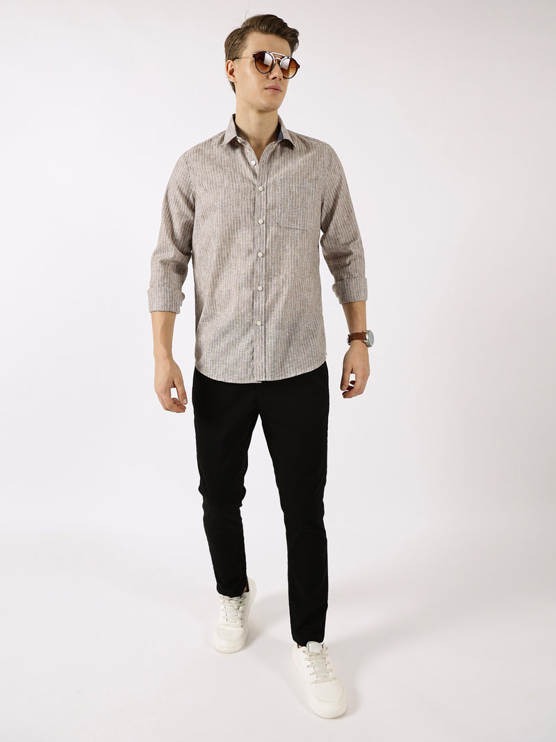Thomas Scott Men Brown Premium Slim Fit Opaque Striped Casual Shirt