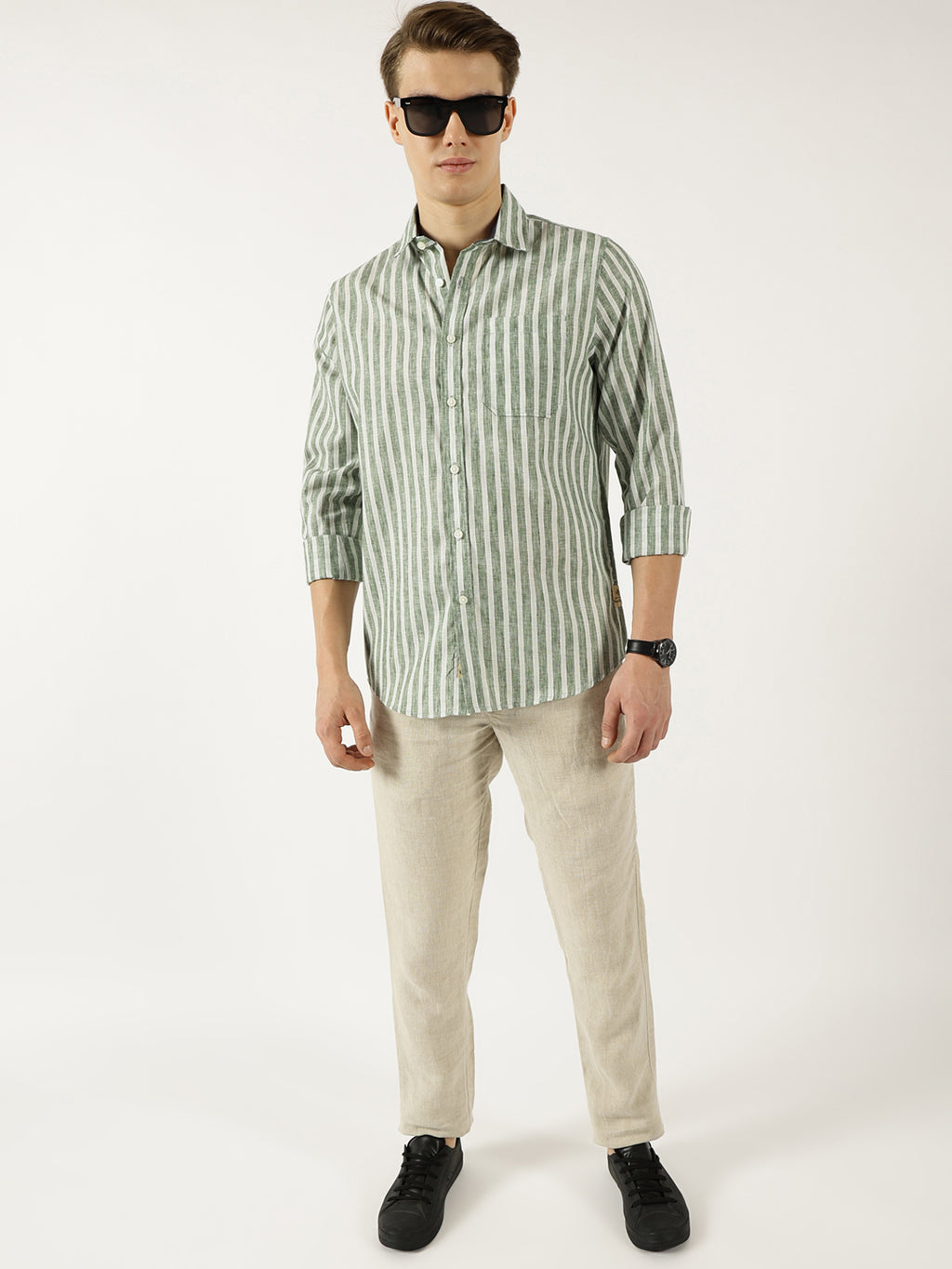 Thomas Scott Men Green Classic Slim Fit Opaque Striped Casual Shirt