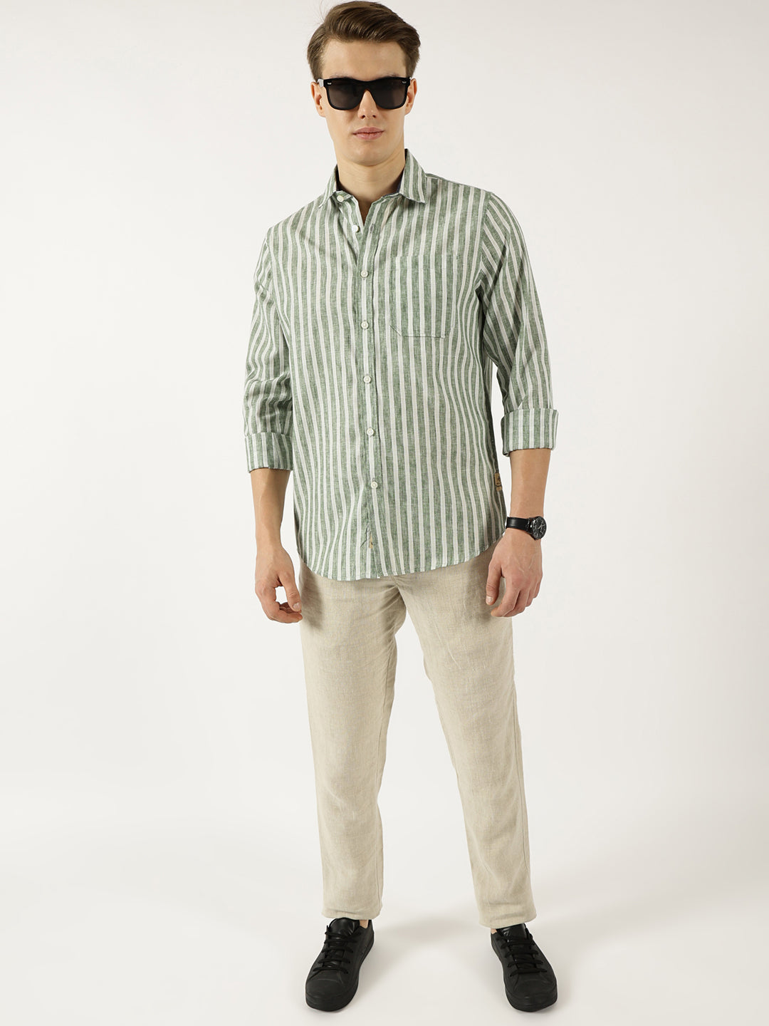Thomas Scott Men Green Classic Slim Fit Opaque Striped Casual Shirt