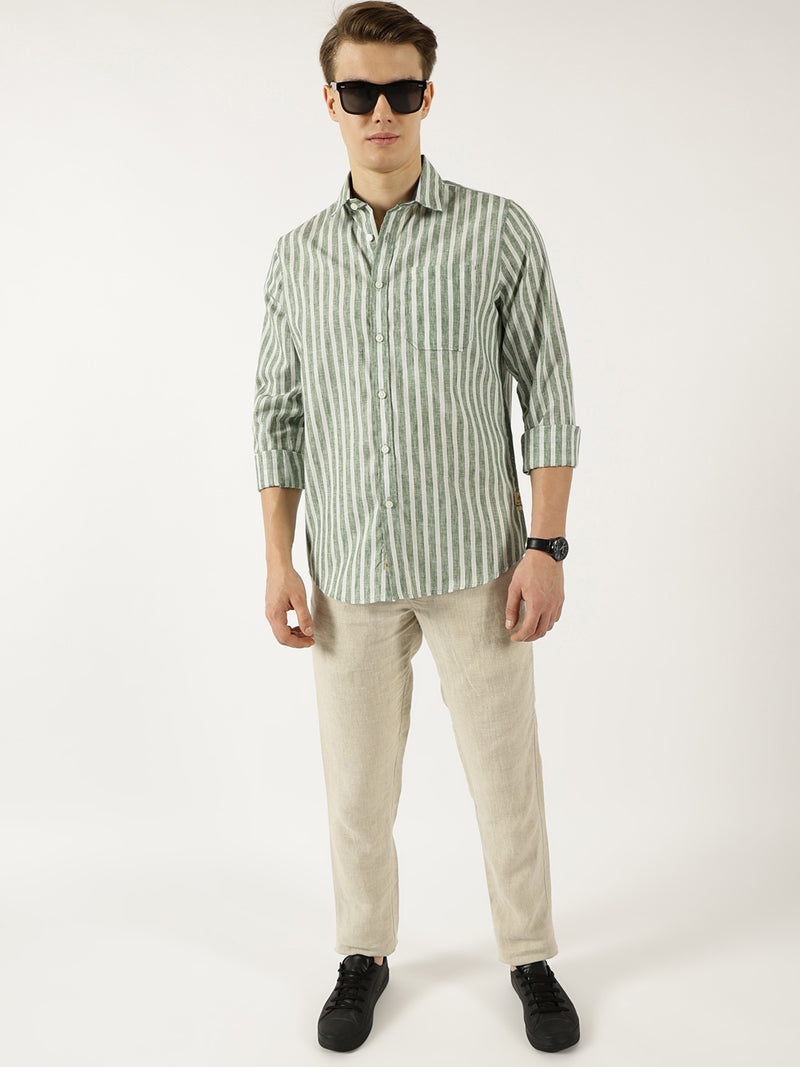 Thomas Scott Men Green Classic Slim Fit Opaque Striped Casual Shirt