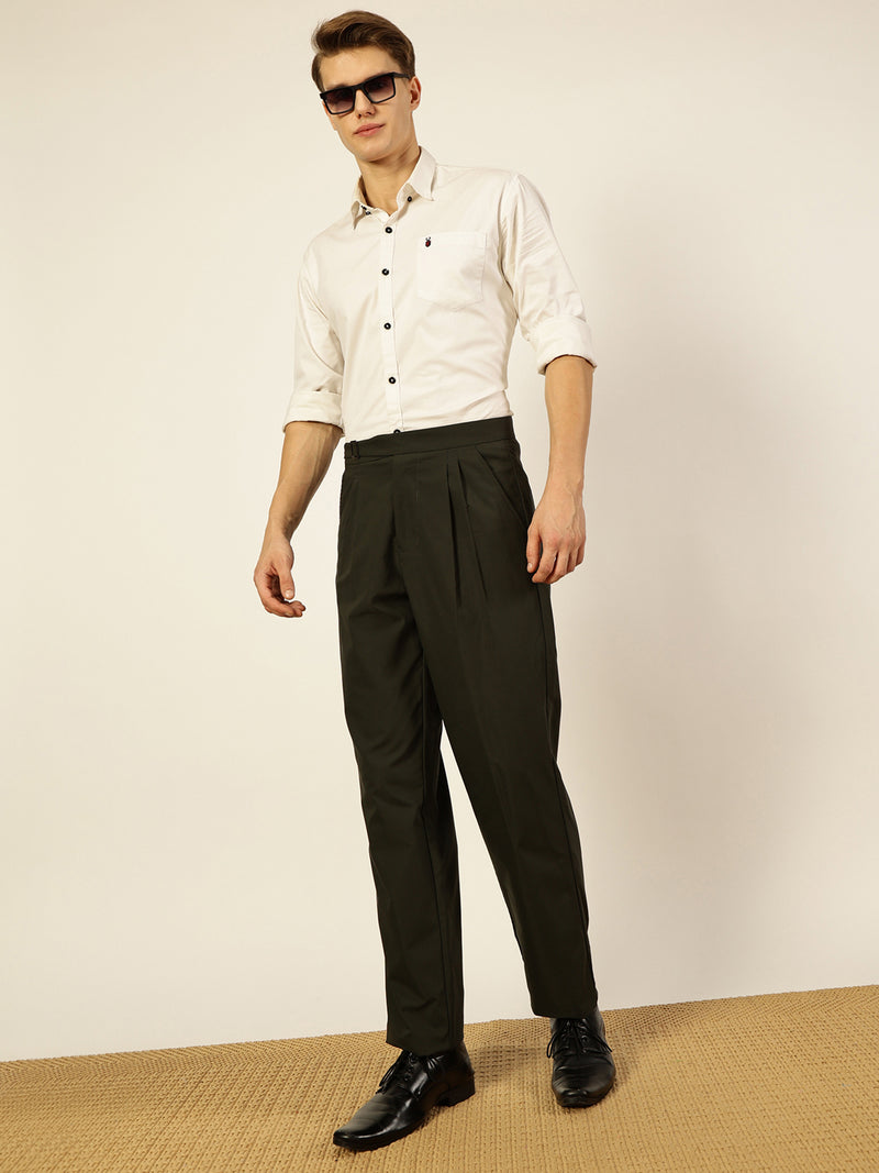 Thomas Scott Men Olive Smart Regular Fit Pleated Trousers