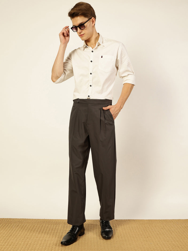 Thomas Scott Men Dark Grey Smart Pleated Mid-Rise Trousers