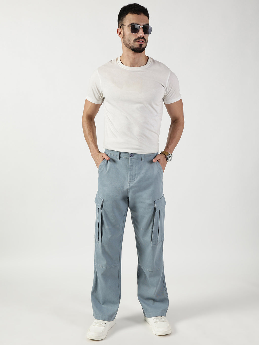 Thomas Scott Men Light Blue Relaxed Fit Mid-Rise Cargos Trousers