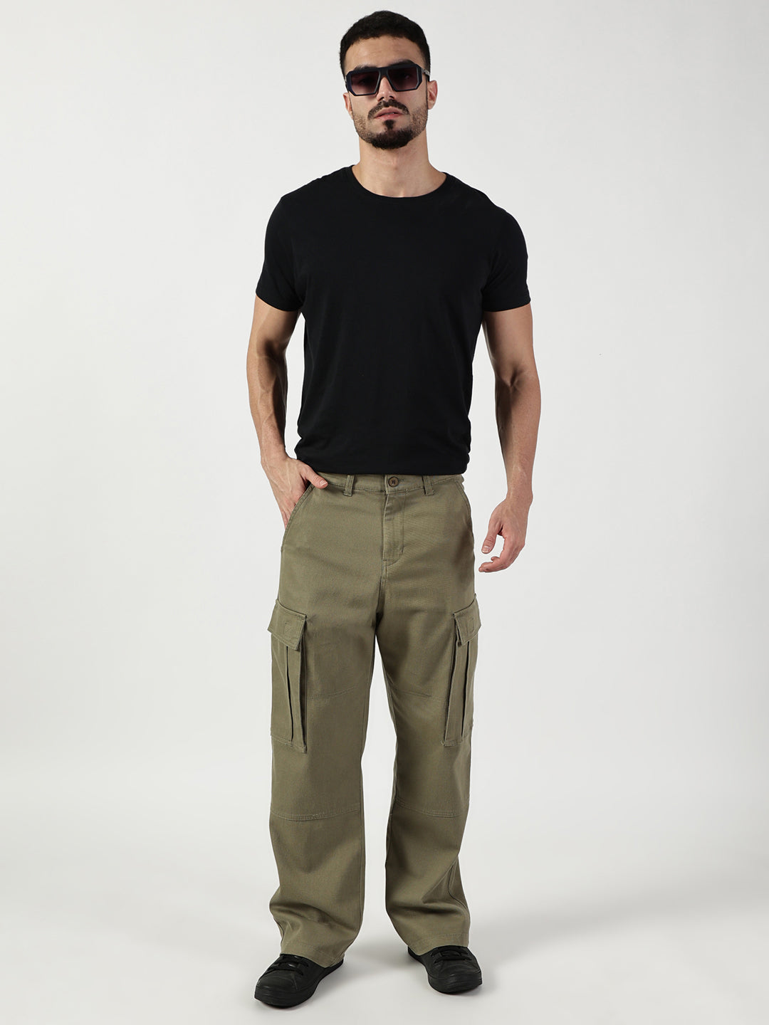 Thomas Scott Men Olive Relaxed Easy Wash Cargos Trousers