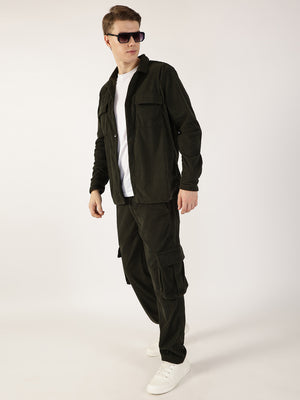 Thomas Scott Men Olive Striped Smart Cargos Trousers