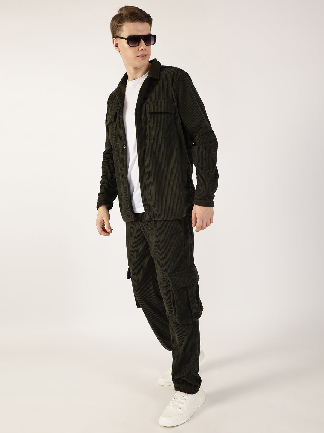 Thomas Scott Men Olive Striped Smart Cargos Trousers