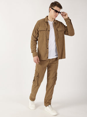 Thomas Scott Men Khaki Striped Smart Cargos Trousers