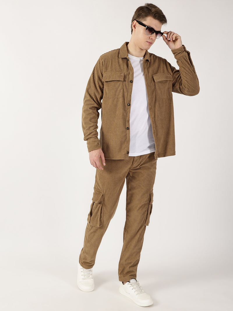 Thomas Scott Men Khaki Striped Smart Cargos Trousers