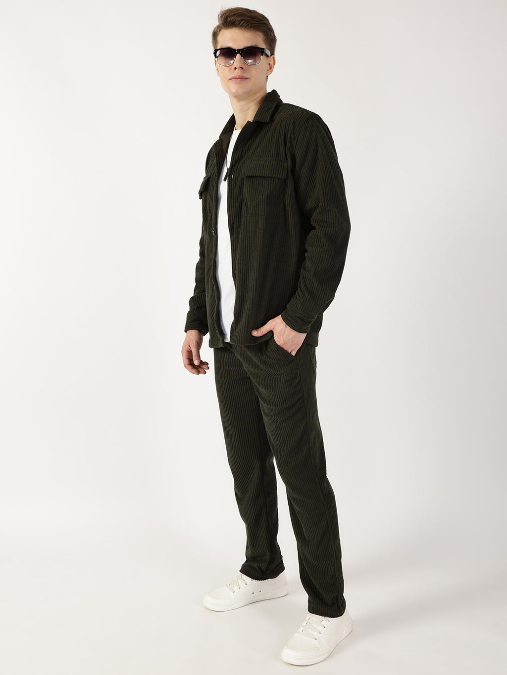 Thomas Scott Men Olive Striped Smart Cargos Trousers