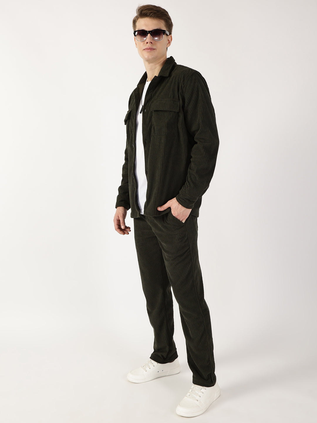 Thomas Scott Men Olive Striped Smart Cargos Trousers