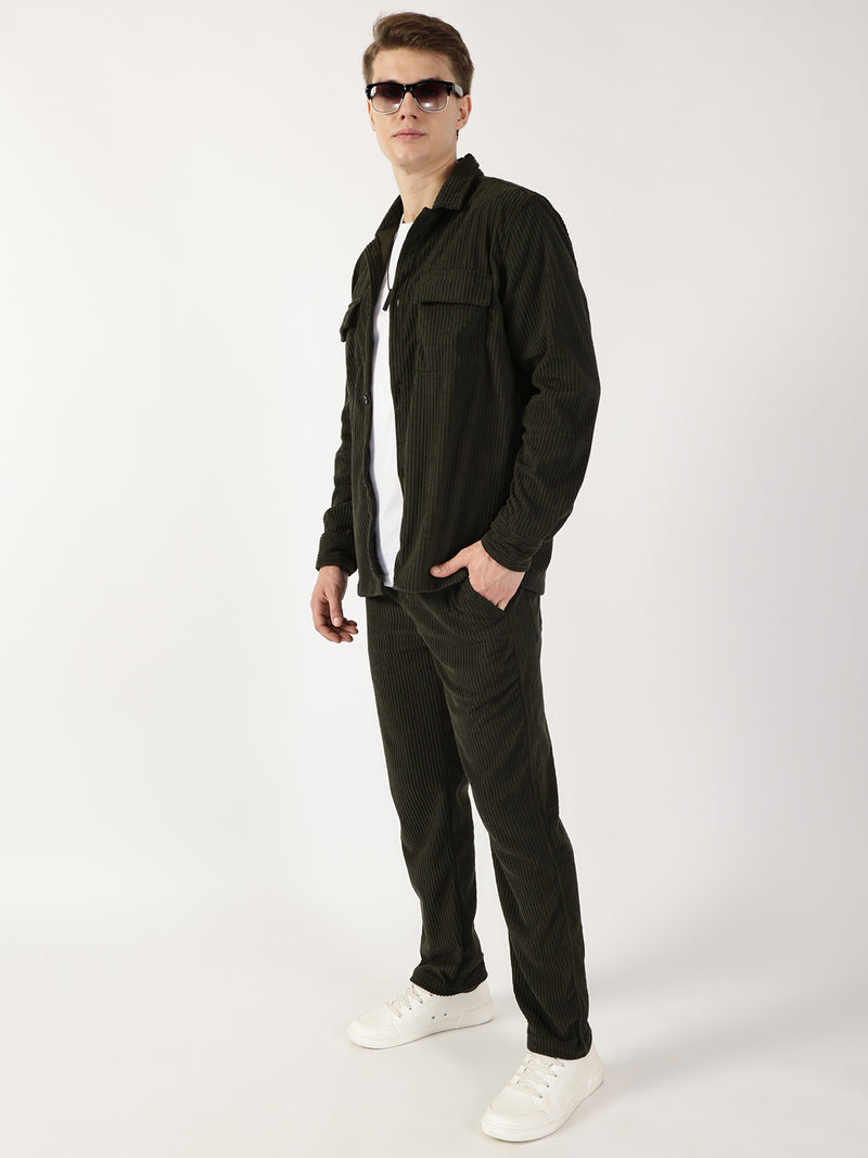Thomas Scott Men Olive Striped Smart Cargos Trousers