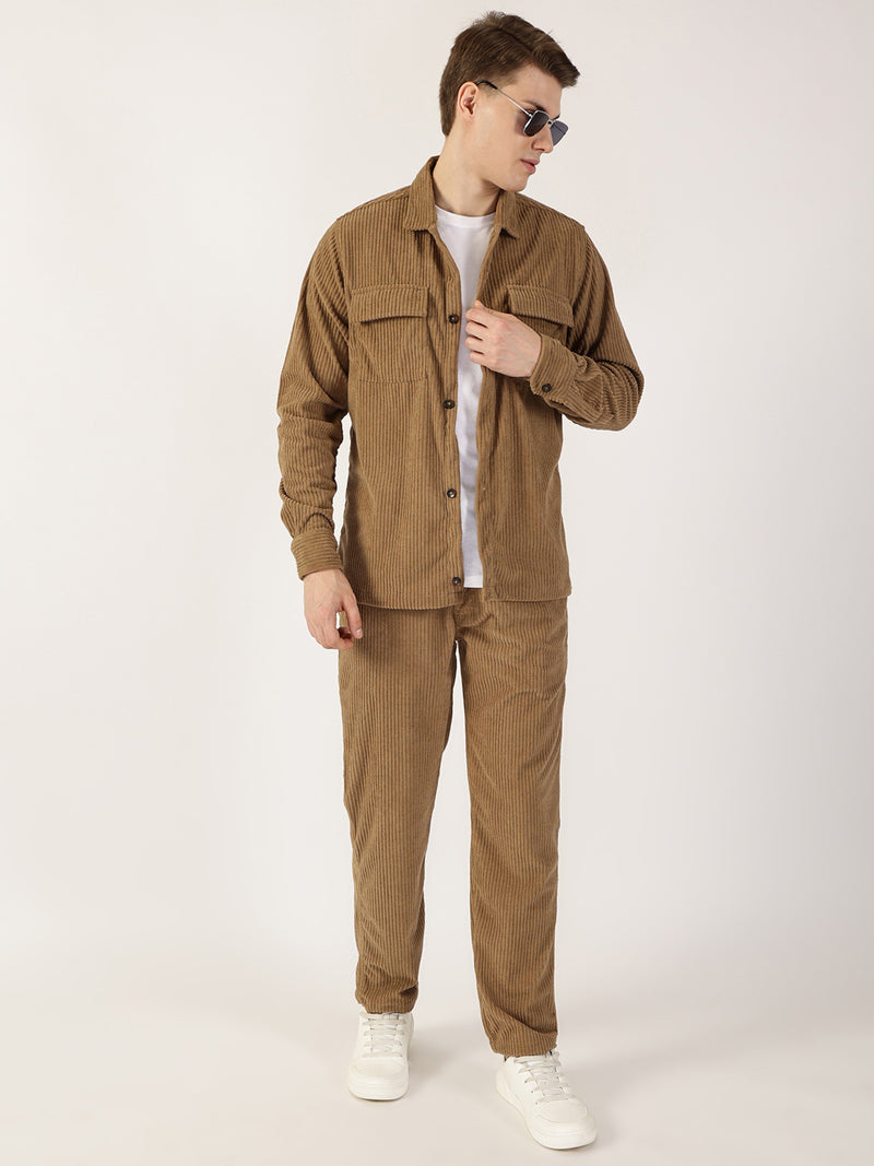 Thomas Scott Men Brown Striped Smart Cargos Trousers