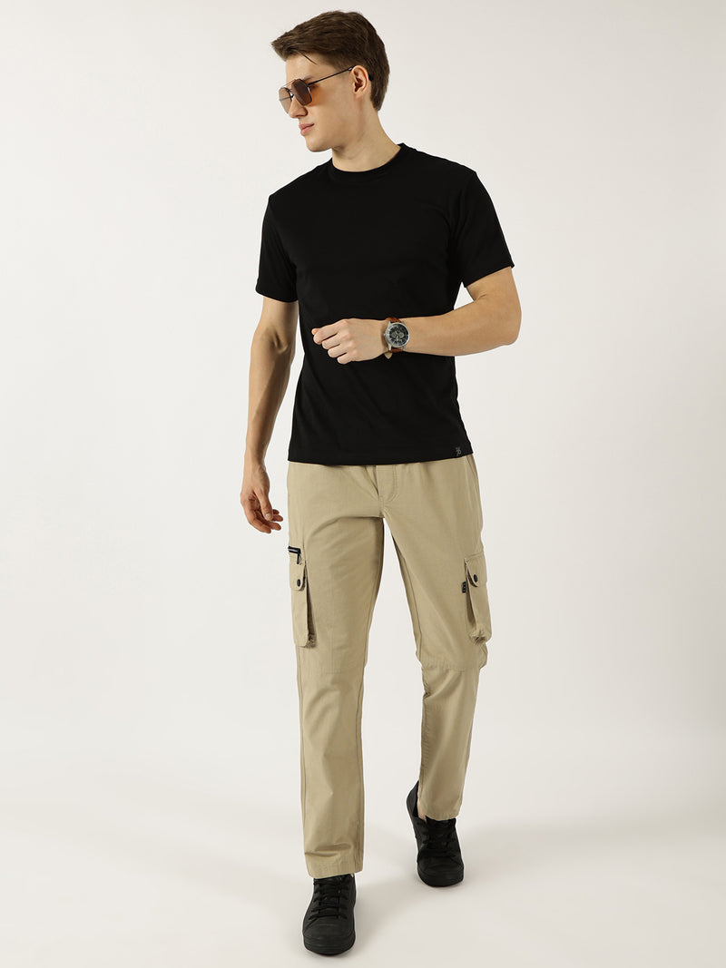 Thomas Scott Men Khaki Pure Cotton Smart Mid-Rise Straight Fit Easy Wash Cargos
