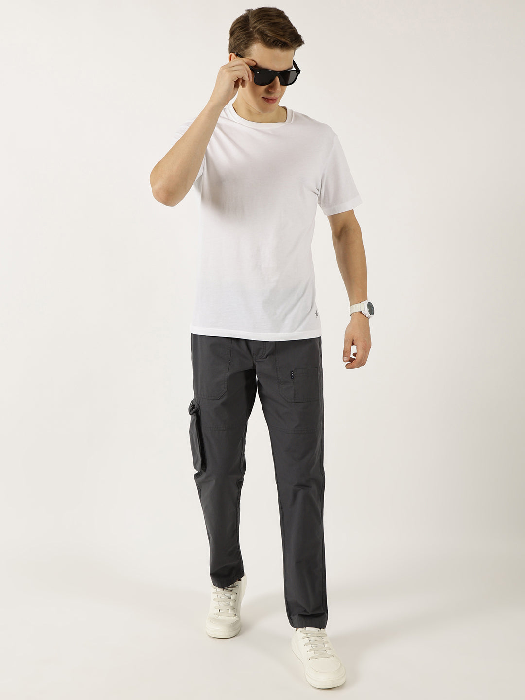 Thomas Scott Men Grey Cotton Regular Fit Smart Easy Wash Cargos Trousers