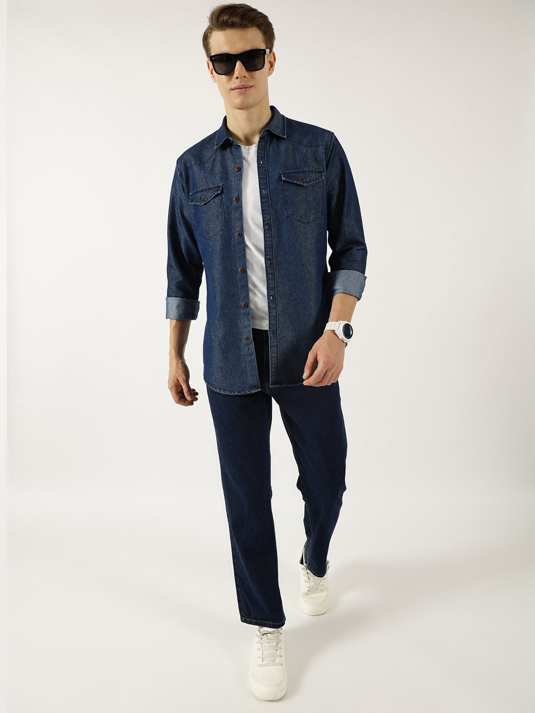 Thomas Scott Men Indigo Classic Spread Collar Faded Cotton Slim Fit Casual Shirt