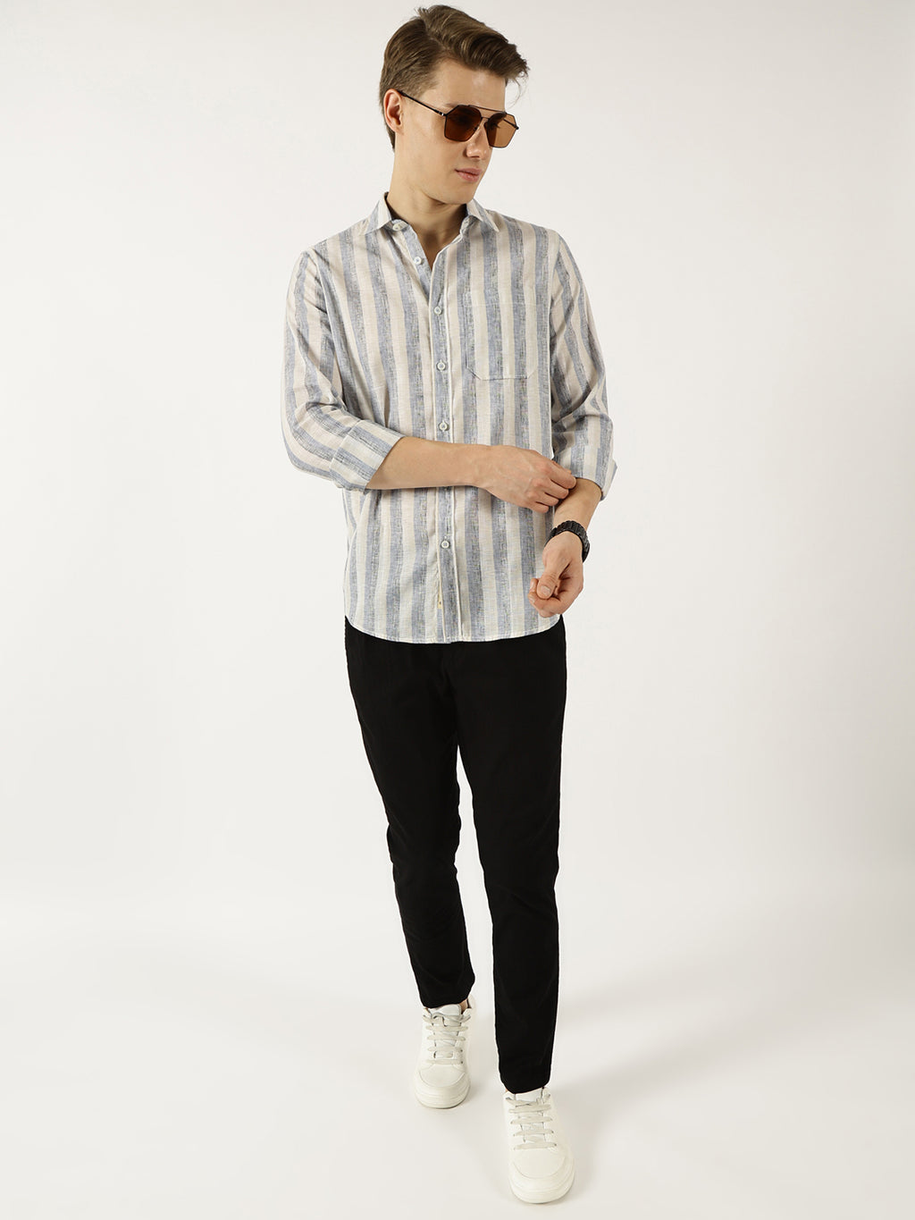 Thomas Scott Men Navy Classic Spread Collar Vertical Striped Linen Slim Fit Casual Shirt