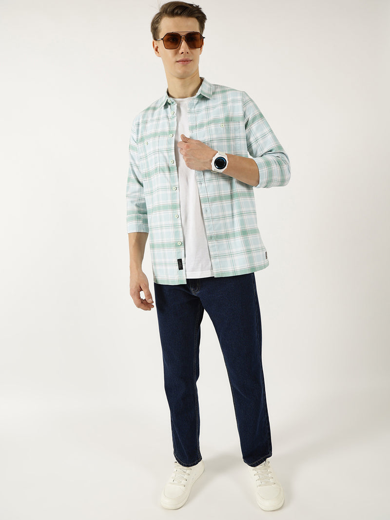 Thomas Scott Men Green Classic Spread Collar Tartan Checked Cotton Slim Fit Casual Shirt