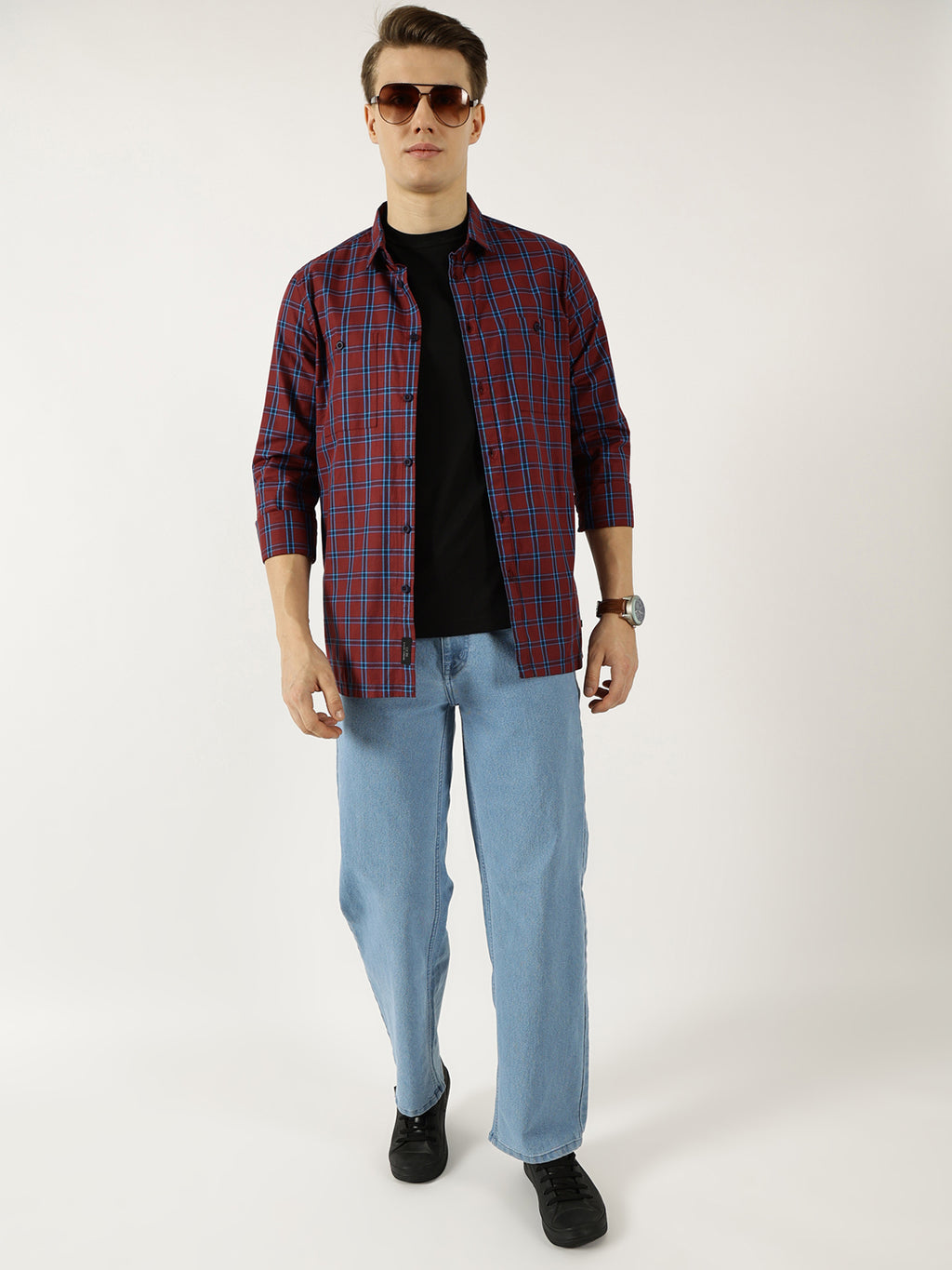 Thomas Scott Men Marron Classic Spread Collar Windowpane Checked Cotton Slim Fit Casual Shirt