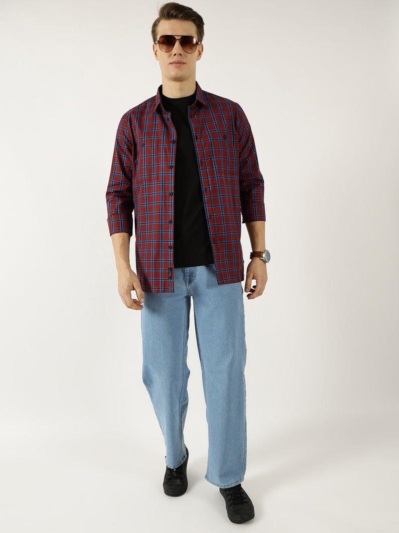 Thomas Scott Men Marron Classic Spread Collar Windowpane Checked Cotton Slim Fit Casual Shirt