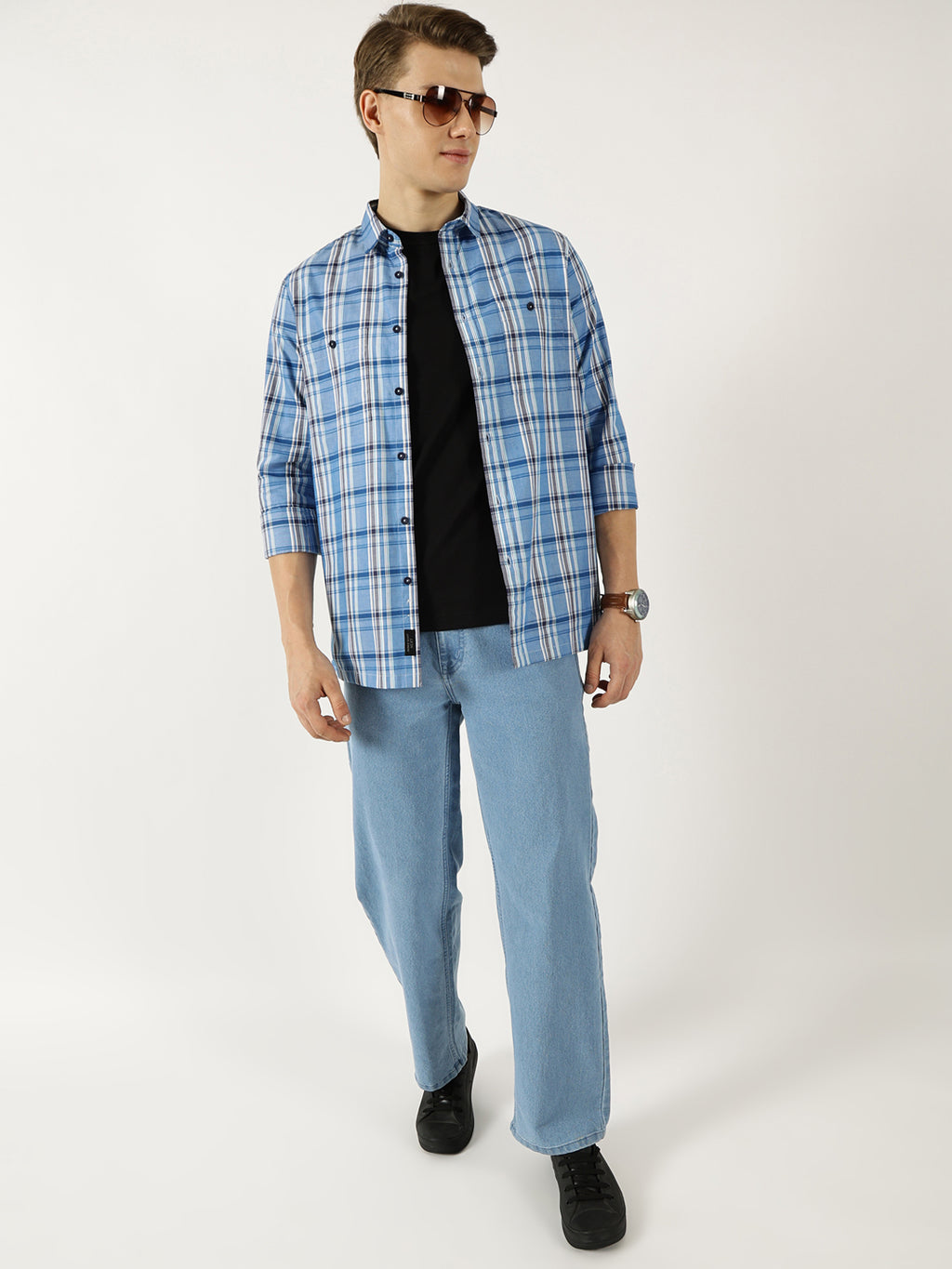 Thomas Scott Men Blue Classic Spread Collar Tartan Checked Cotton Slim Fit Casual Shirt