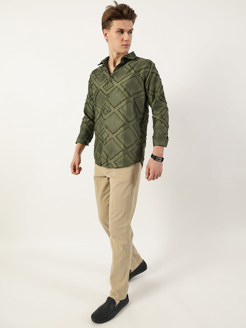 Thomas Scott Men Green Premium Spread Collar Graphic Printed Slim Fit Casual Shirt