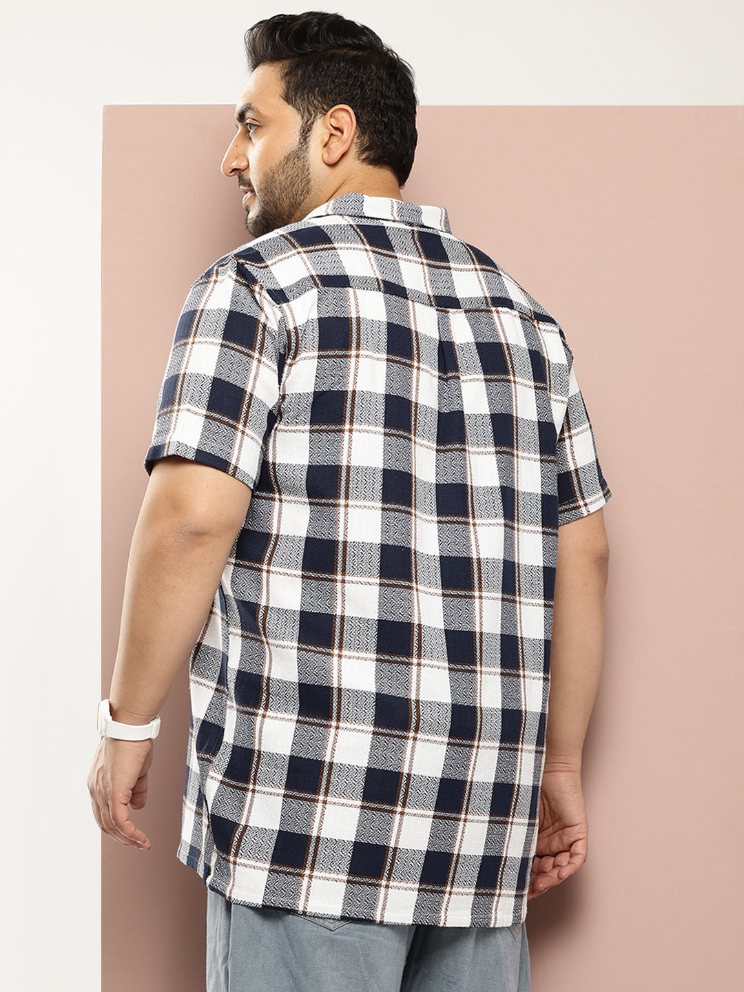 Thomas Scott Men Navy Thomas Scott Plus Size Premium Checked Pure Cotton Casual Shirt