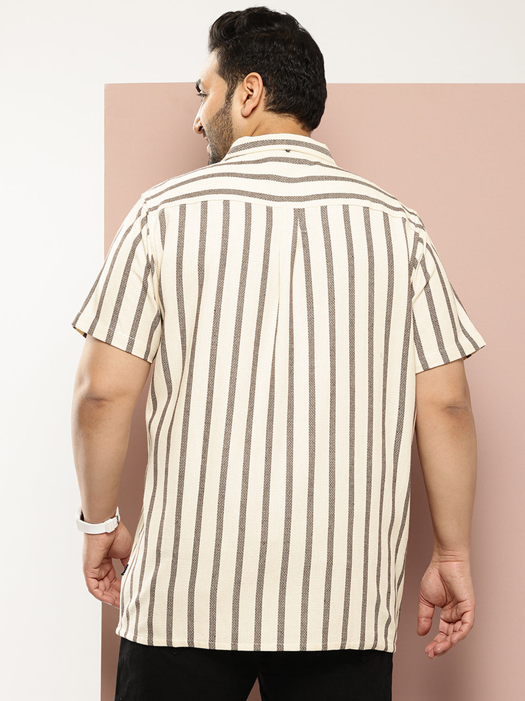 Thomas Scott Men Coffee Plus Size Premium Striped Pure Cotton Casual Shirt
