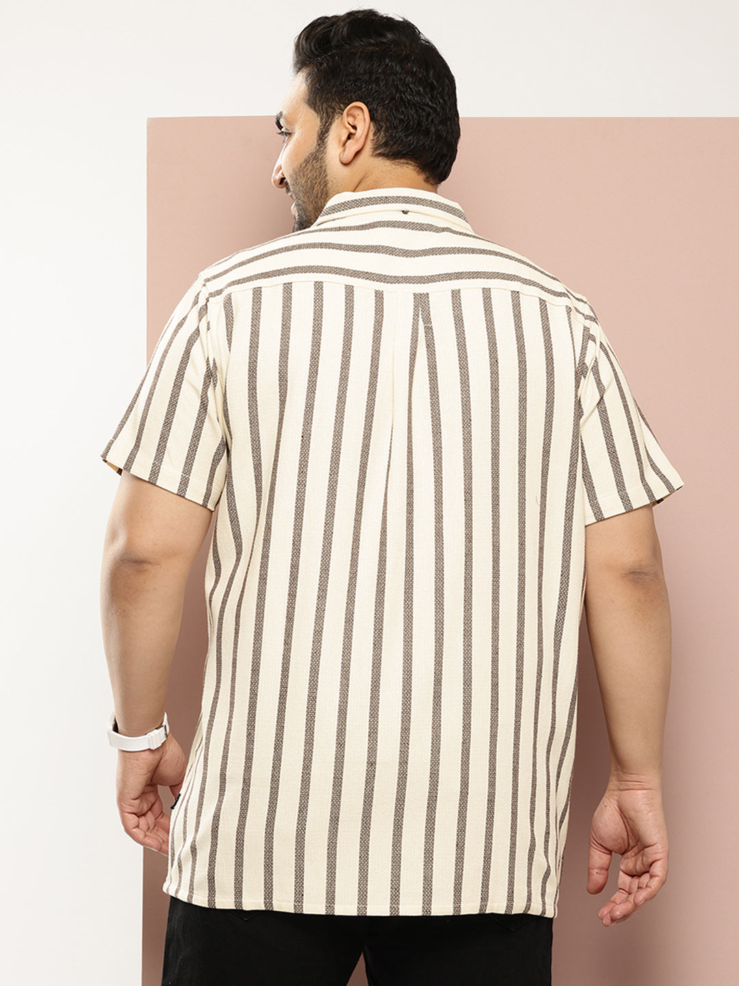 Thomas Scott Men Coffee Plus Size Premium Striped Pure Cotton Casual Shirt