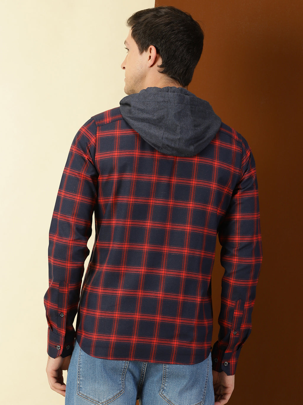 Thomas Scott Men Classic Hood Collar Tartan Checks Opaque Checked Casual Shirt