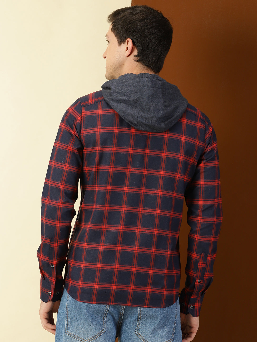 Thomas Scott Men Classic Hood Collar Tartan Checks Opaque Checked Casual Shirt