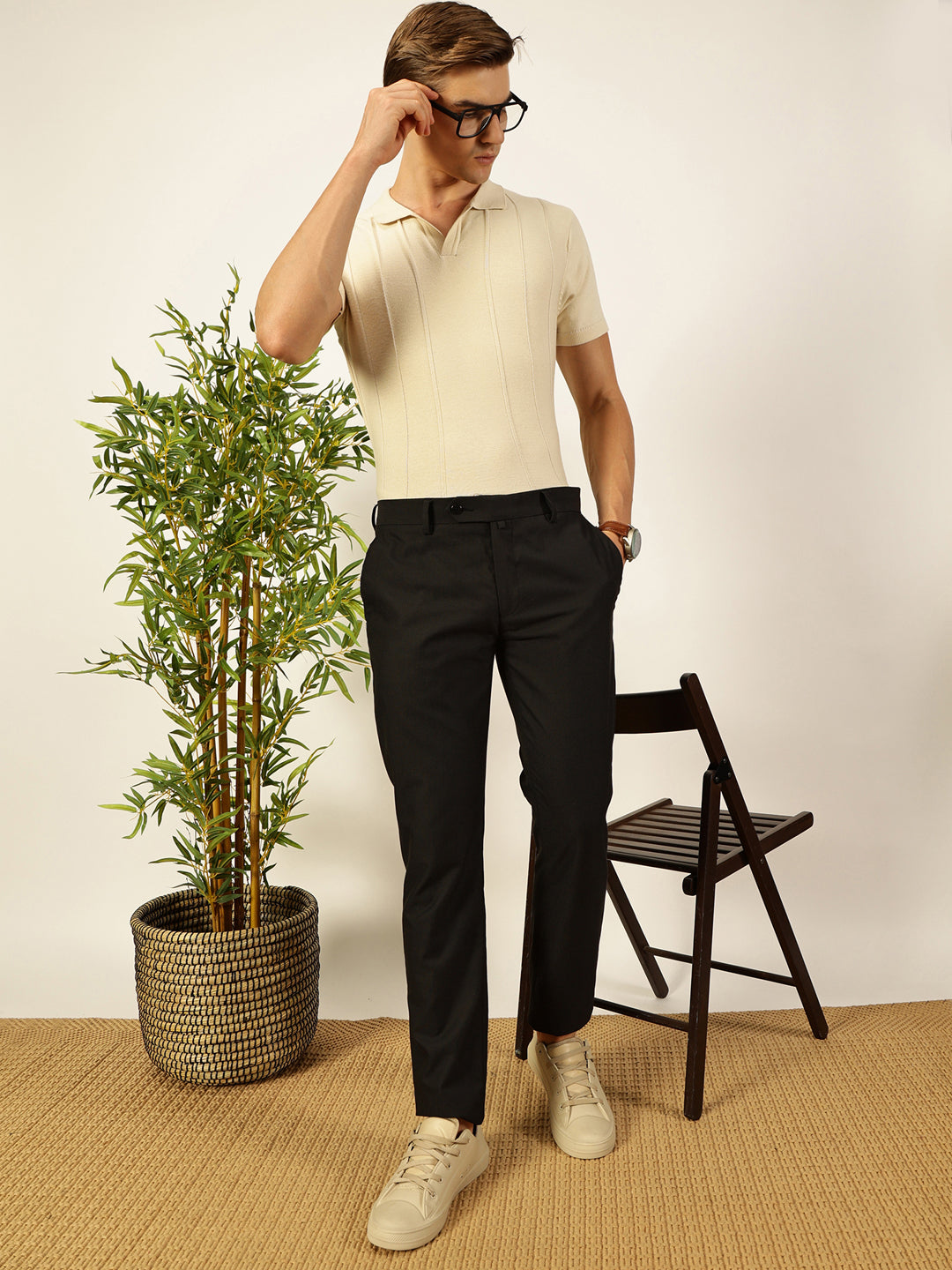 Thomas Scott Men Off White Knit Striped Polo Collar T-shirt