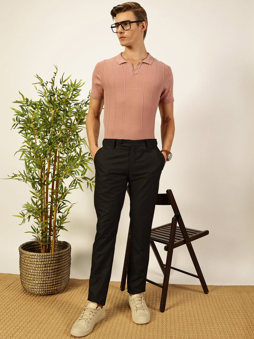 Thomas Scott Men Pink Knit Striped Polo Collar T-shirt