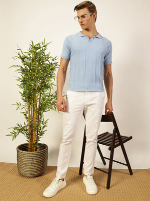 Thomas Scott Men Sky Blue Knit Striped Polo Collar T-shirt