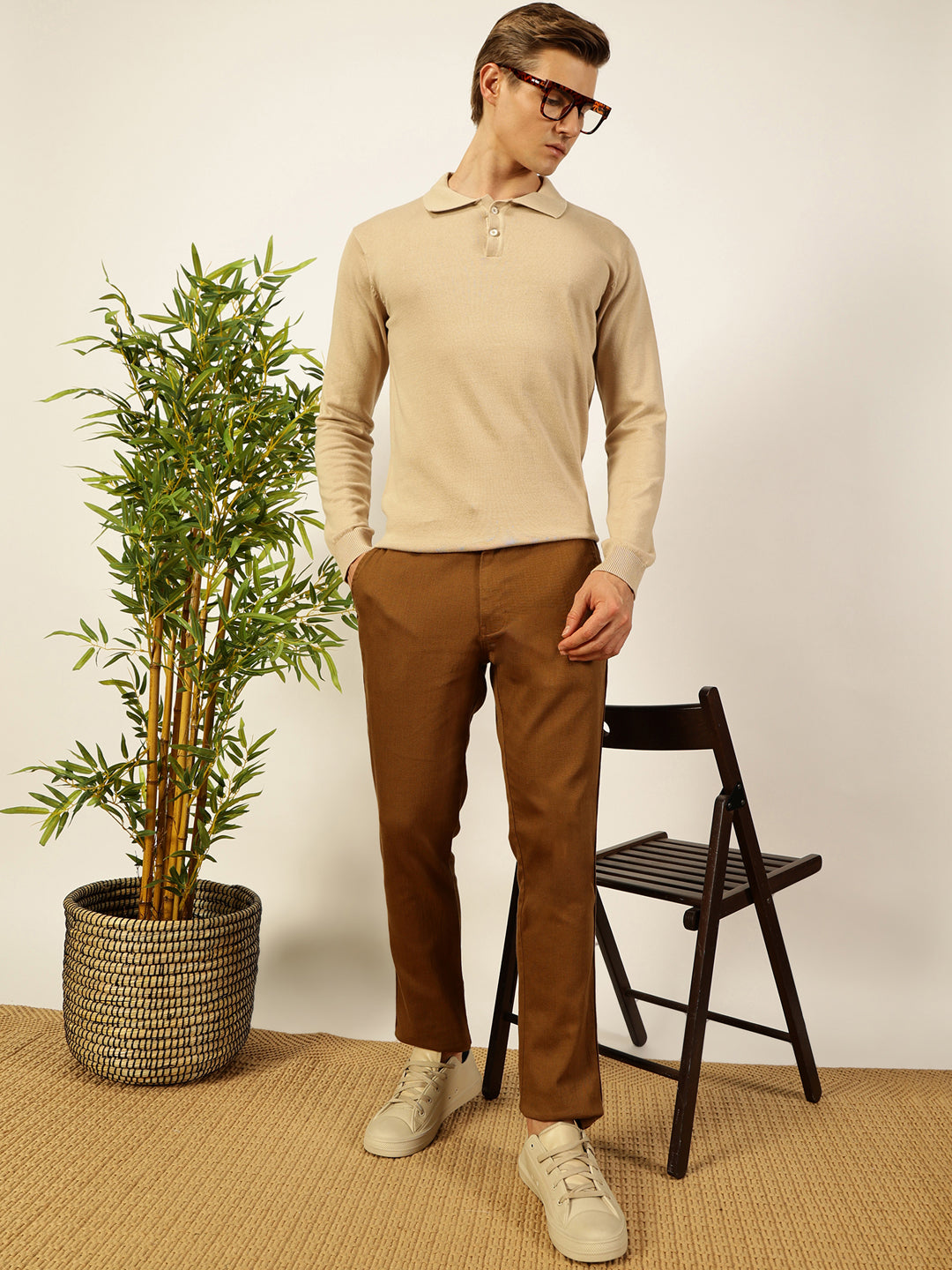 Thomas Scott Men Beige Knit Solid Polo Collar Cotton T-shirt