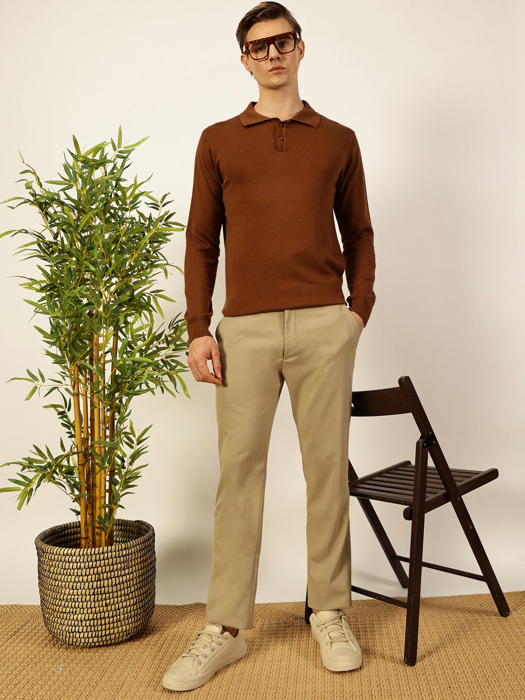 Thomas Scott Men Brown Knit Solid Polo Collar Cotton T-shirt