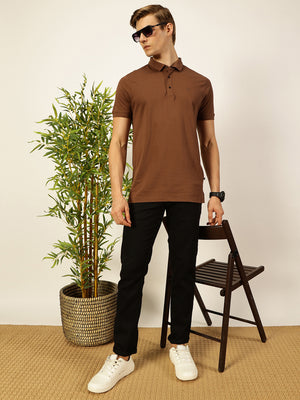 Thomas Scott Men Brown Solid Polo Collar Cotton T-shirt