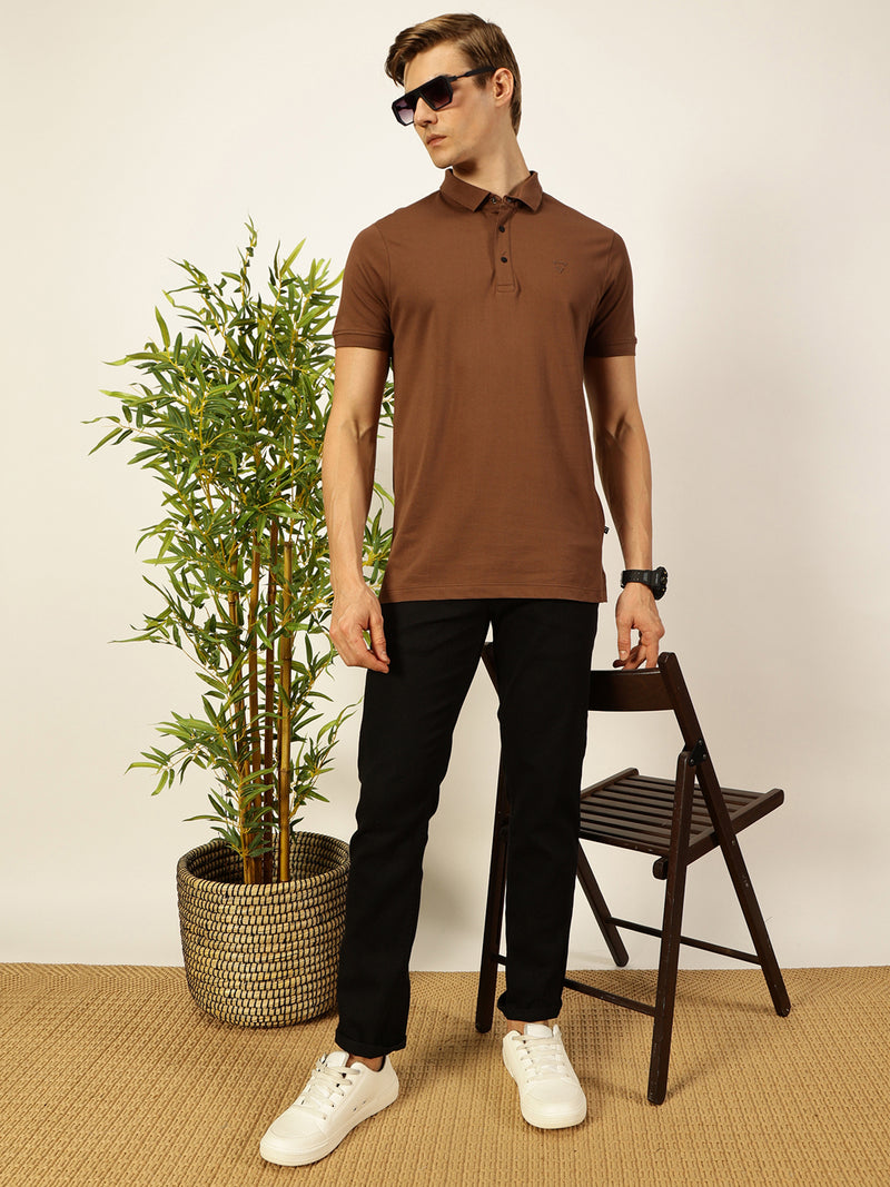 Thomas Scott Men Brown Solid Polo Collar Cotton T-shirt