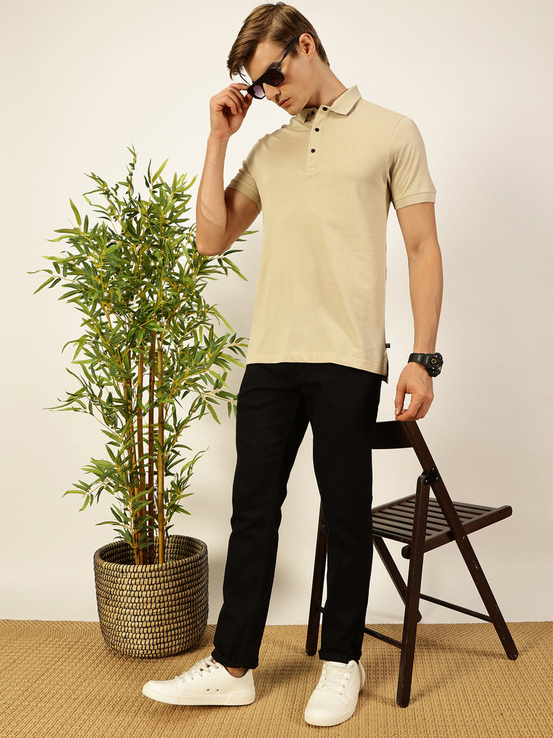 Thomas Scott Men Cream Solid Polo Collar Cotton T-shirt